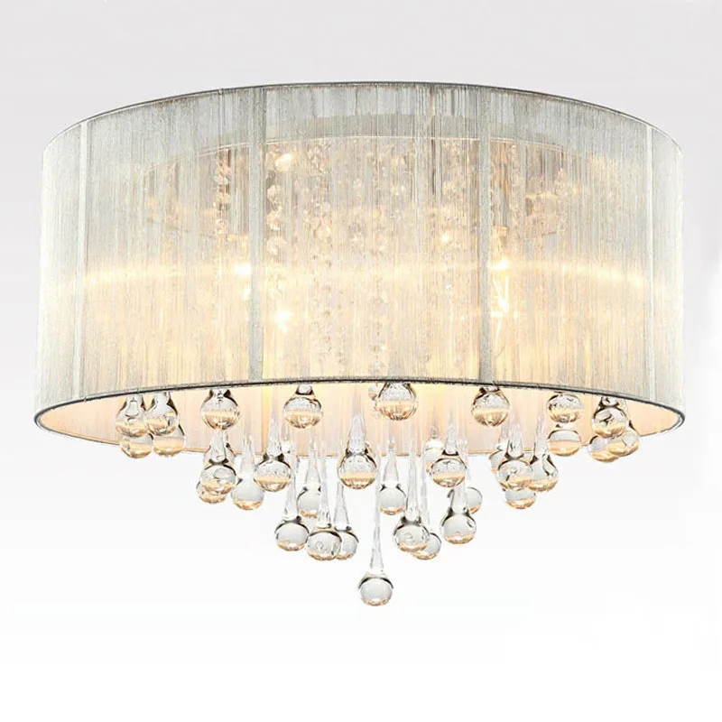 

Modern Decorative Silver 40cm 45cm Round Dome Fabric Shade Flush Mount Ceiling Light Fixture Bedroom Crystal Decor Ceiling Lamp