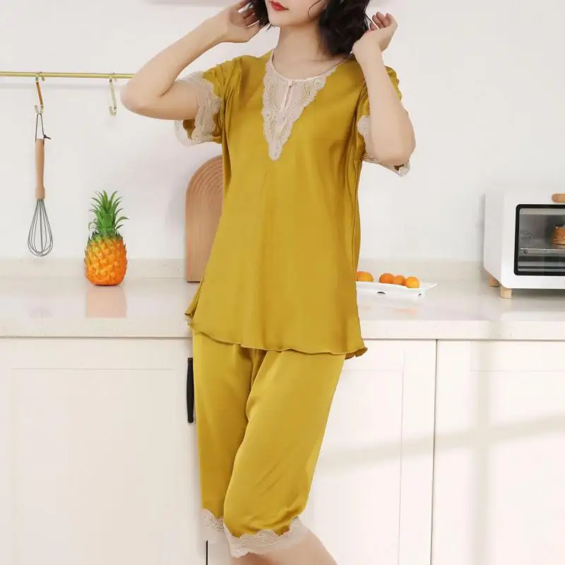 

Lace Pajamas Suit Sleepwear Satin Two Pieces Pyjamas Pour Femme Lounge Wear Short Sleeve Home Clothes Summer Intimate Lingerie