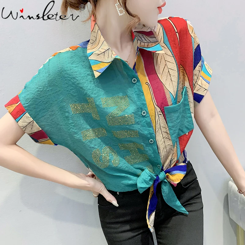 

Summer Korean Clothes Color Blocking Long Blouse Sexy Diamaonds Letter Women Tops Short Sleeve Print Cardigan Shirts New T17015A
