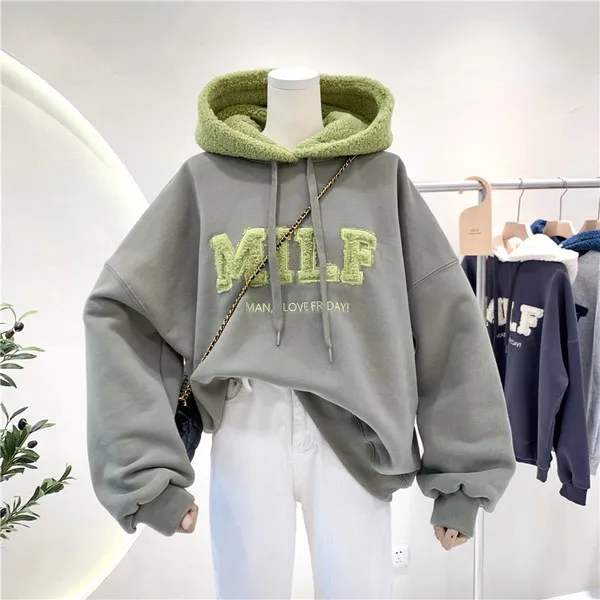 

Winter Sweater Women Stitching Imitation Lamb Wool Hooded Sweater Loose Winter Plus Velvet Thickening Streetwear Women