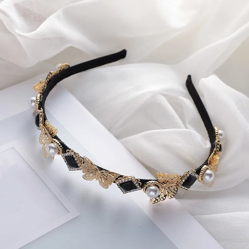 

Винтажный барочный полый ободок для волос с бабочкой для женщин золотого цвета, металлический искусственный жемчуг, кристалл, имитация кры...