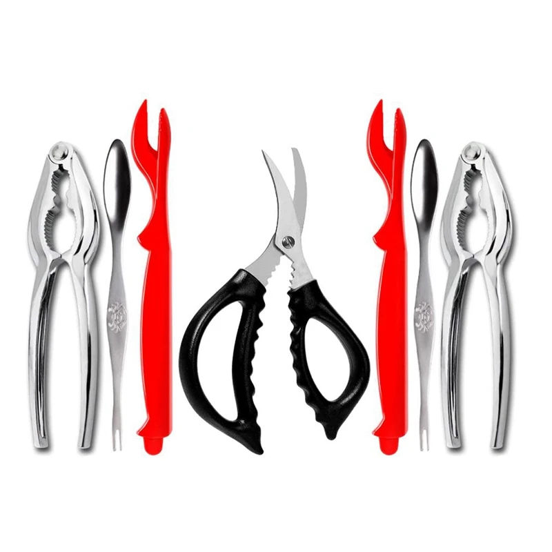 

7 Pcs Seafood Tools Set Includes 2 Crab Crackers, 2 Lobster Shells, 2 Crab Forks/Pickles and 1 Seafood Scissors