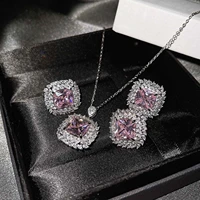 qtt gorgeous women jewelry set silver dazzling square zircon ring earring purple dazzling zircon pendant necklace gift