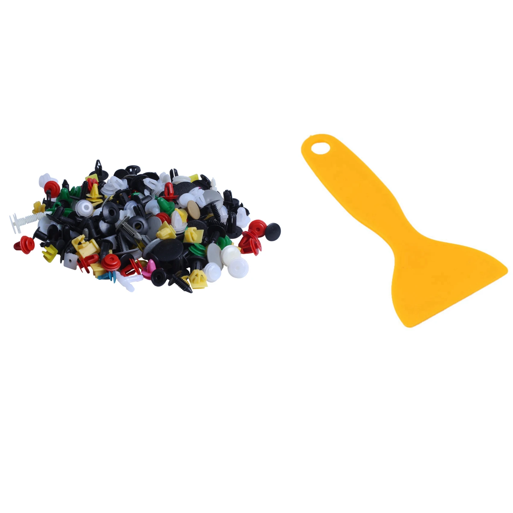 

200Pcs Universal Mixed Auto Fastener Car Bumper Clips & 1X Vinyl Film Wrap Yellow Plastic Foils Cleaner Scraper