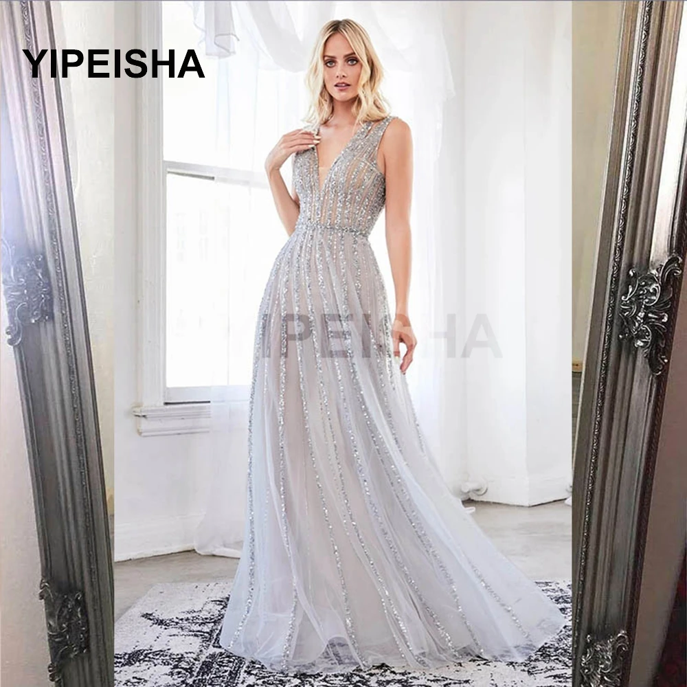 

2021 Sexy V-Neck A-Line Evening Dress Sleeveless Backless Spaghetti Strap Beading Sequined Prom Party Gown robes de soire