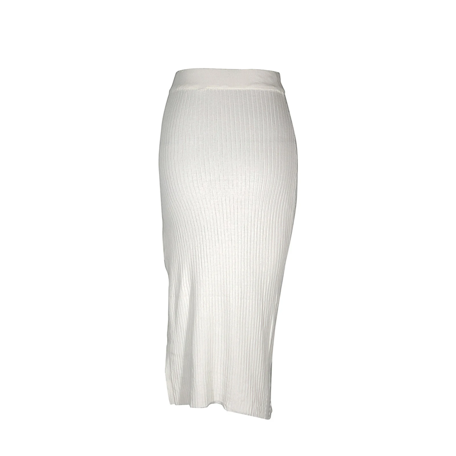 

Female Minimalist Style Long Skirt, White Solid Color Elastic High Waist Dress Slit, S / M / L