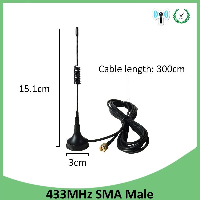 2 шт./лот 5dbi 433 МГц GSM антенна SMA разъем прямой с магнитной базой 433 м для радиосигнала беспроводной повторитель