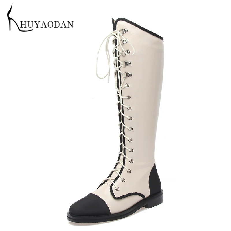 

Женские осенние сапоги для верховой езды, сапоги до колена на платформе 3 см с круглым носком и шнуровкой, Женская обувь в британском стиле, ...