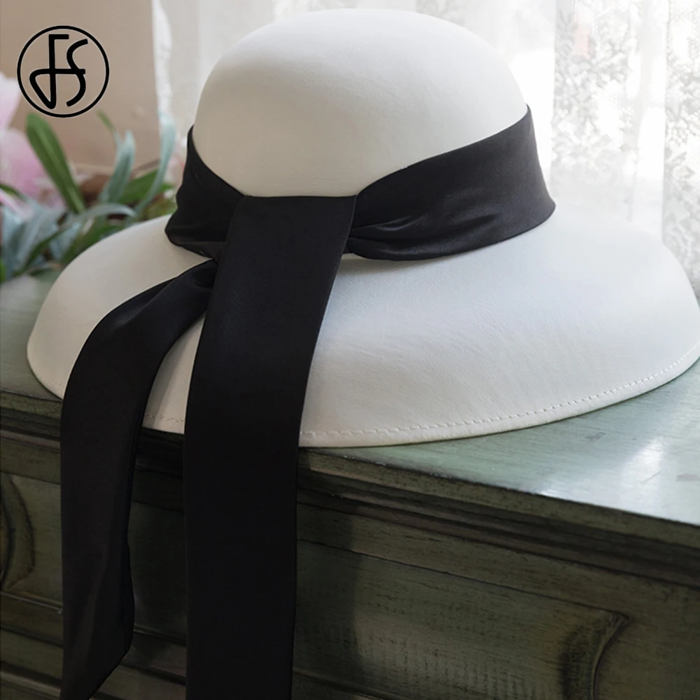 

FS 2021 Big Wide Brim White Fedoras Hats For Women Fascinator Wedding Hepburn Church Hats With Big Bow Ribbon Kentucky Derby Hat