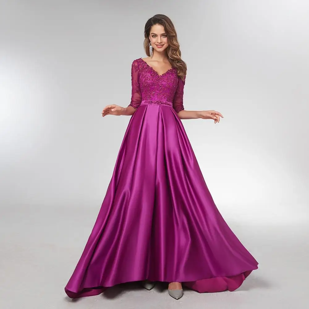 Элегантное длинное женское фиолетовое атласное вечернее платье с длинным