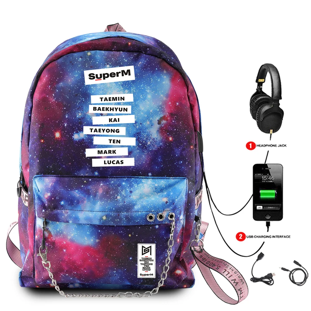 SuperM рюкзак KPOP крутой логотип команды стильный с подвесным орнаментом с USB молнией модный рюкзак для путешествий