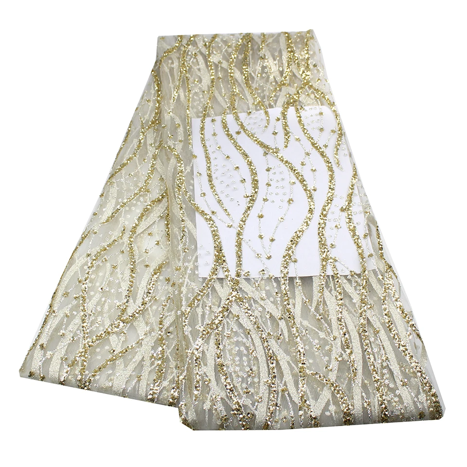 

Fashion Design White Lace Champagne Glitter Sequin Fabric Wedding Party Dress Sewing Material Shiny Stripes Mesh Tulle Textiles