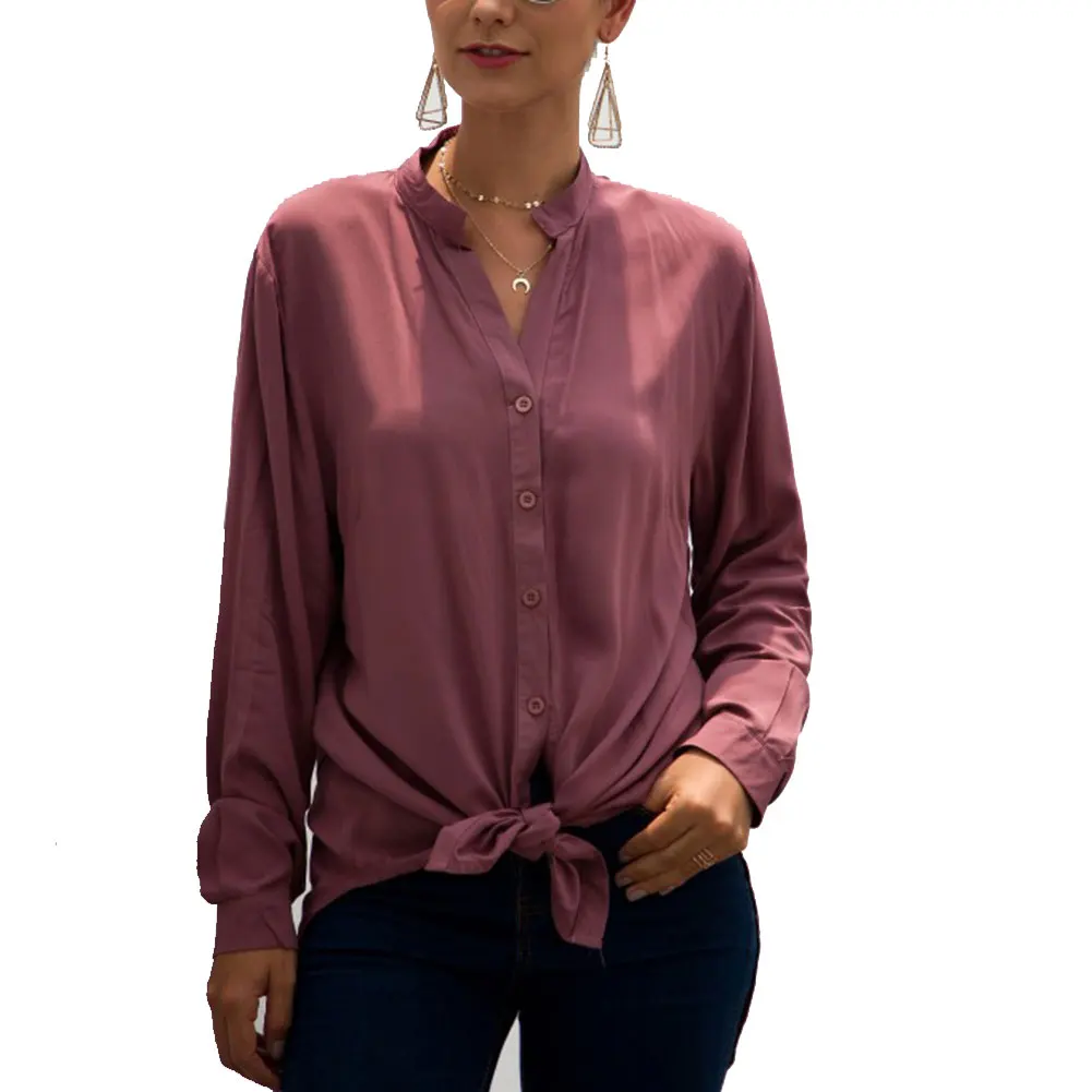 

Newly Autumn Women Blouses V-neck Back Split Shirt Female Solid Color Long Sleeve Strap Shirts Tops DO99