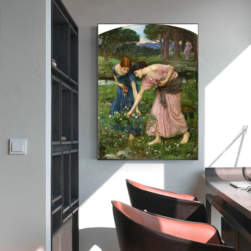 

Holover Canvas Oil Painting Aesthetic Home Decor William Waterhouse"Gather ye rosebuds"Romanticism Mythology Artwork Poster