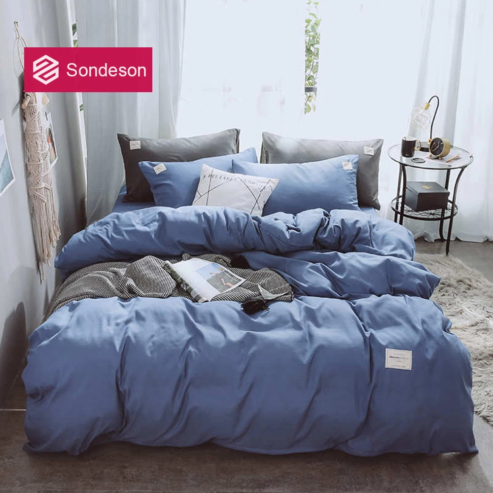 Sondeson Fashion Simple Style Blue Bedding Set Soft Printed Duvet Cover Set Flat Sheet Double Queen King Bed Set Free Shipping