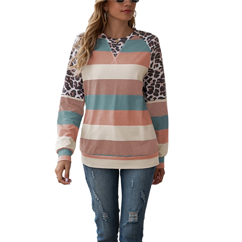 

Женская блузка с леопардовым принтом Цвет блок Топы на каждый день с круглым вырезом и длинными рукавами в стиле пэчворк Рубашки школьные б...