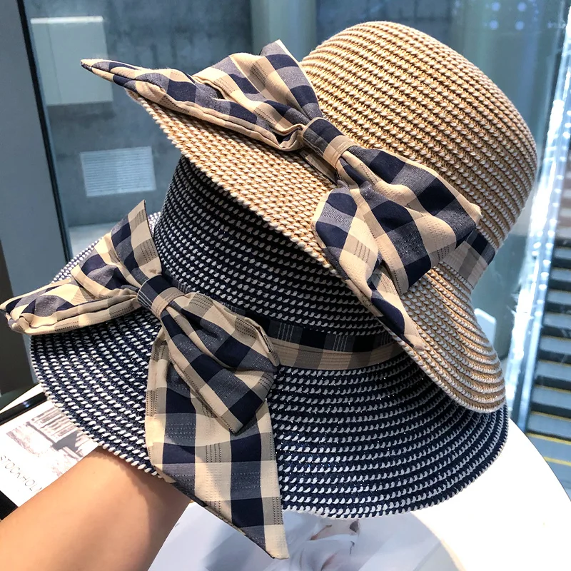 

2022 Europe and the United States new plaid fabric bow summer travel fashion beach sunscreen women's breathable straw hat