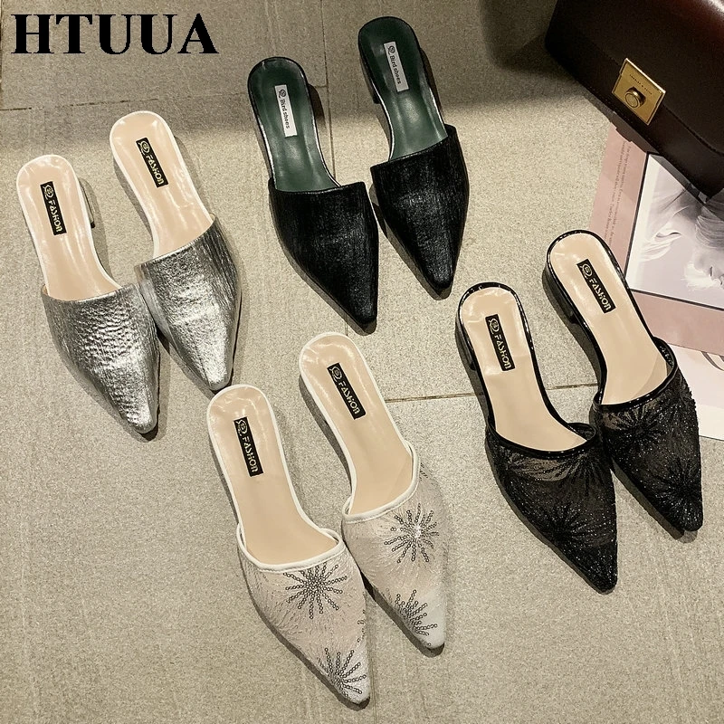 HTUUA/; вышитые шлепанцы с дышащей сеткой; женские шлепанцы с острым носком; шлепанцы на маленьком каблуке; Летняя женская обувь; SX2520