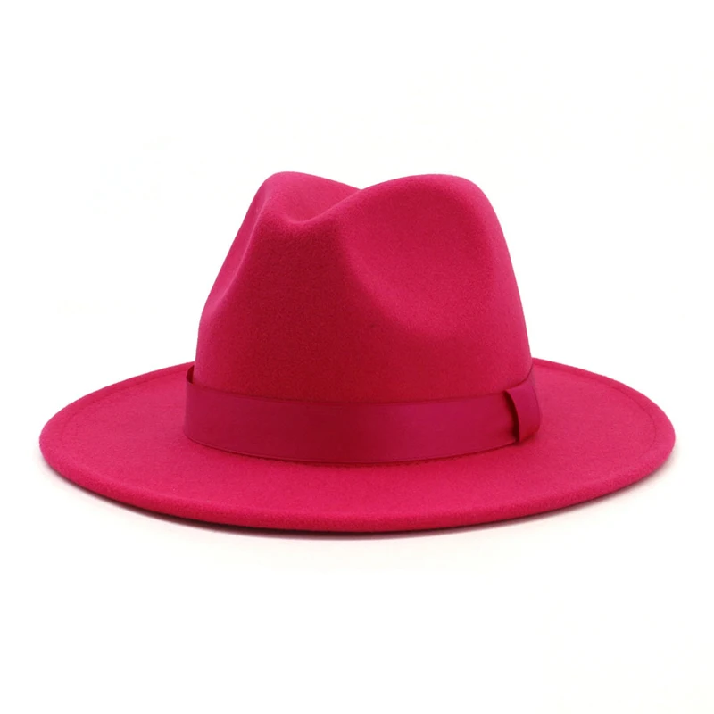 

2019 Women Stylish Rosy Wool Felt Jazz Fedora Hats with Ribbon Wide Brim Panama Formal Hat Trilby Ladies Fascinator Dress Hats