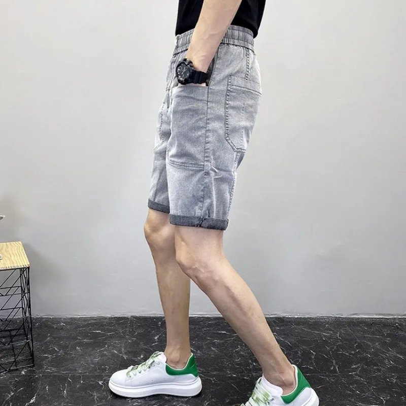 

Summer Mens Denim Shorts Elastic Waist Pockets Casual Knee Length Beach Shorts Slim Fit Streetwear Short Trousers Big Size Jeans