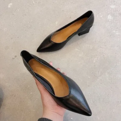 

New Spring Autumn Real Leather Mid-heel Pointed Toe Thick-heel High-heels Slip-On Retro Simple Single Nude Black Shoes For Women