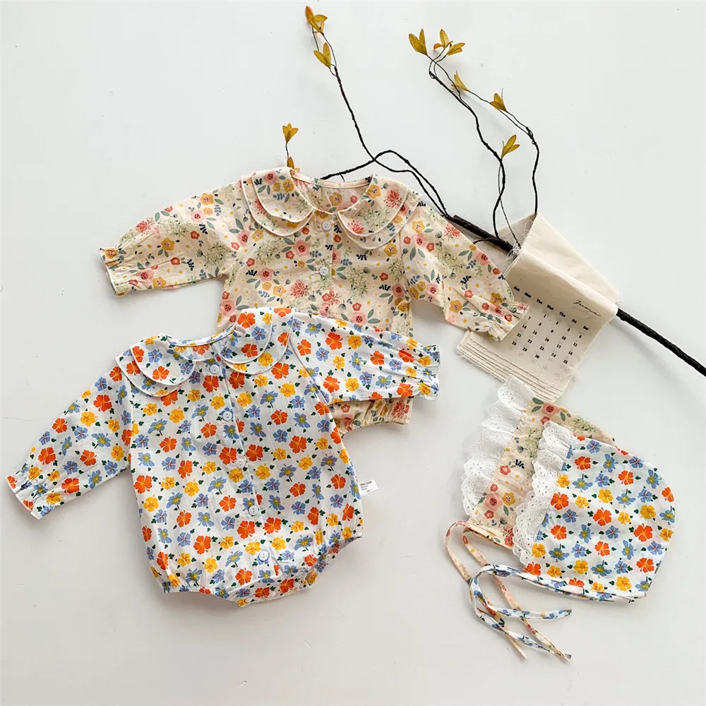 

2021 Newborn Baby Girls 2Pcs Outfits Casual Infant Long Sleeves Single-Breasted Floral Print Romper With Hat Set Spring Autumn