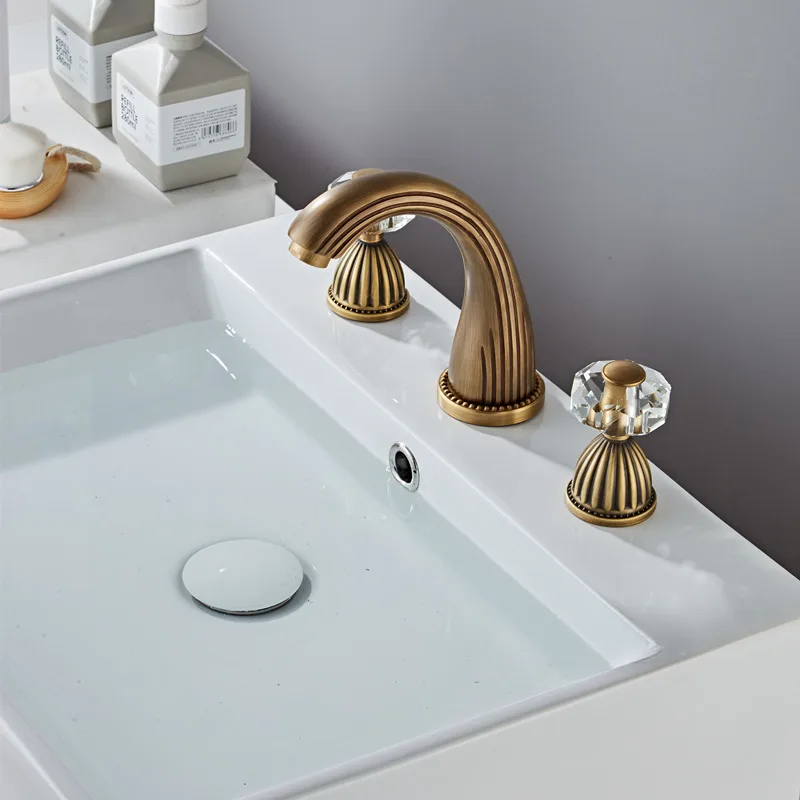Crystal Antique brass tap three hole basin faucet cold and hot crystal handle crane bathroom | Обустройство дома
