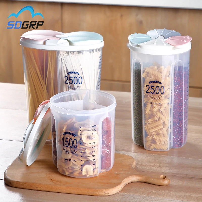 

Kitchen Grain Storage Box Transparent Plastic Compartment Barrel Sealed Cereal Food Storage Containers Jar Household Accessories