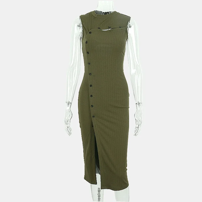 

ALLNeon E-Girl Vintage Button Up Slit Midi Dress Y2K Fashion Sexy Hollow Out Backless Ribbed Long Dresses Army Green Partywear