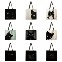 oil painting black and white cat girl print handbag lady linen bag lady shoulder bag outdoor handbag foldable shopping bag