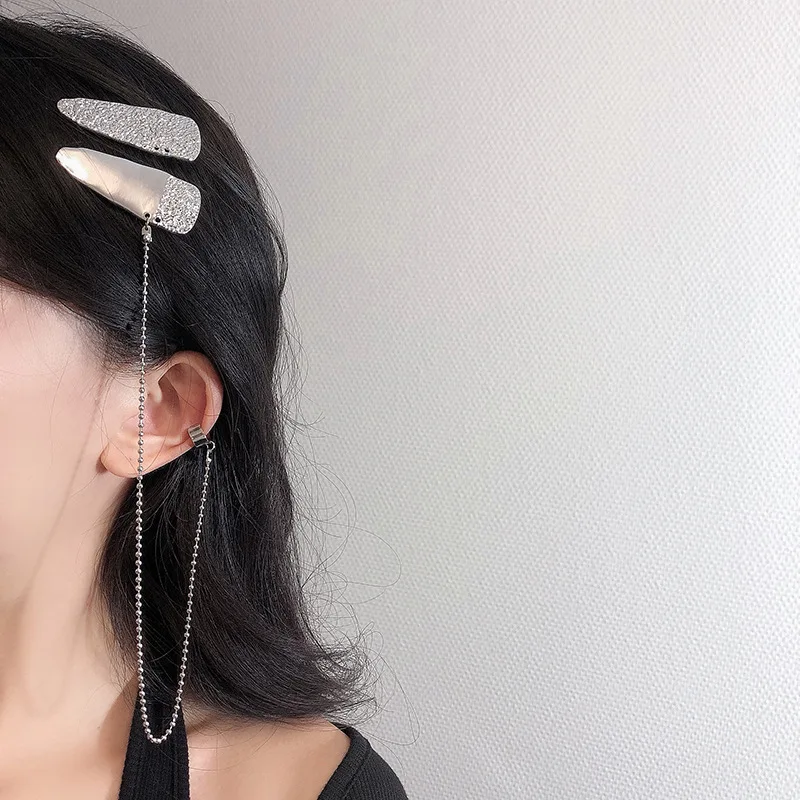 

Fashion Silver Color Beads Chain Circle Clip On Earrings For Woman Ear Cuffs Jewelry Double Hairclips Hair Accessories