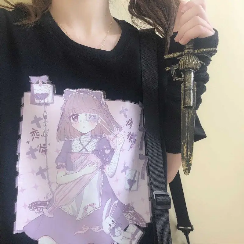 

Aesthetic Camisas Mujer Harajuku T-Shirt Kawaii Ninja Cat Print Black Summer Korean pop Streetwear Women chic casual Tops Tees