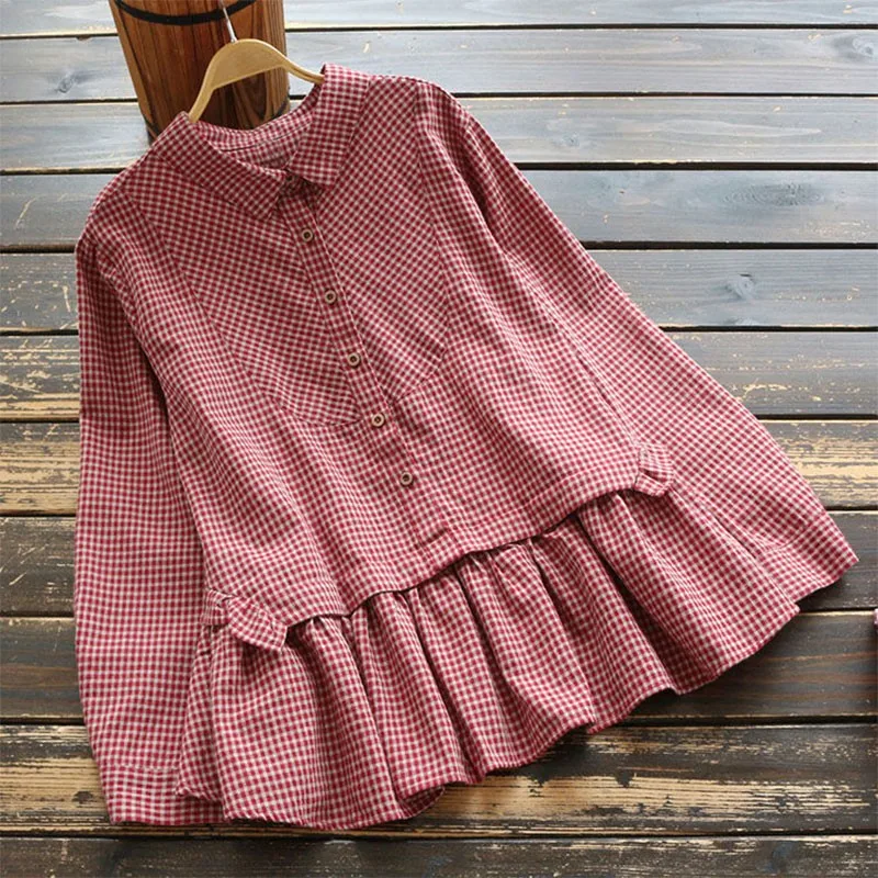 New Spring Autumn Arts Style Women Long Sleeve Loose Casual Blouse Tops Turn-down Collar Cotton Linen Plaid Vintage Shirts V190