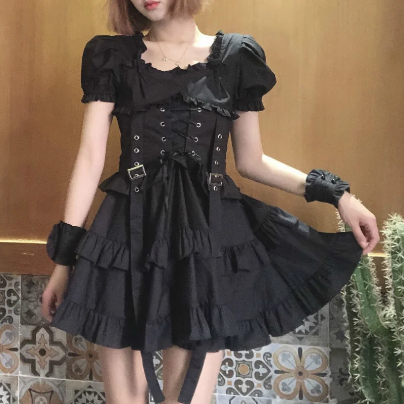 

Japanese Women Black Gothic Lolita Dress Victorian Renaissance Retro Chic Punk Style Puff Sleeve Bandage Mini Dress Girl Dresses