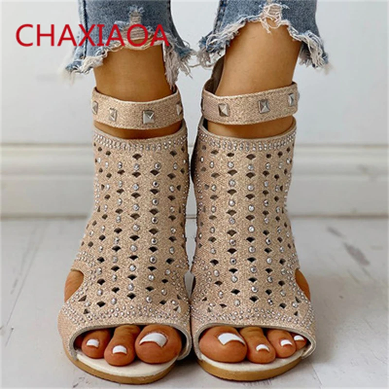 

CHAXIAOA Luxury Crystal Rivets Studs Women Gladiator Sandals 2021 Peep Toe Stretch Socks Shoes Woman Summer Roman Flats Sandals