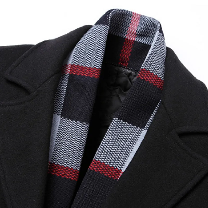 

Winter Office Men Work Slim Fit Woolen Blends Long Thick Cotton Padded Warm Wool Overcoat Business Man Scarf Collar Coat