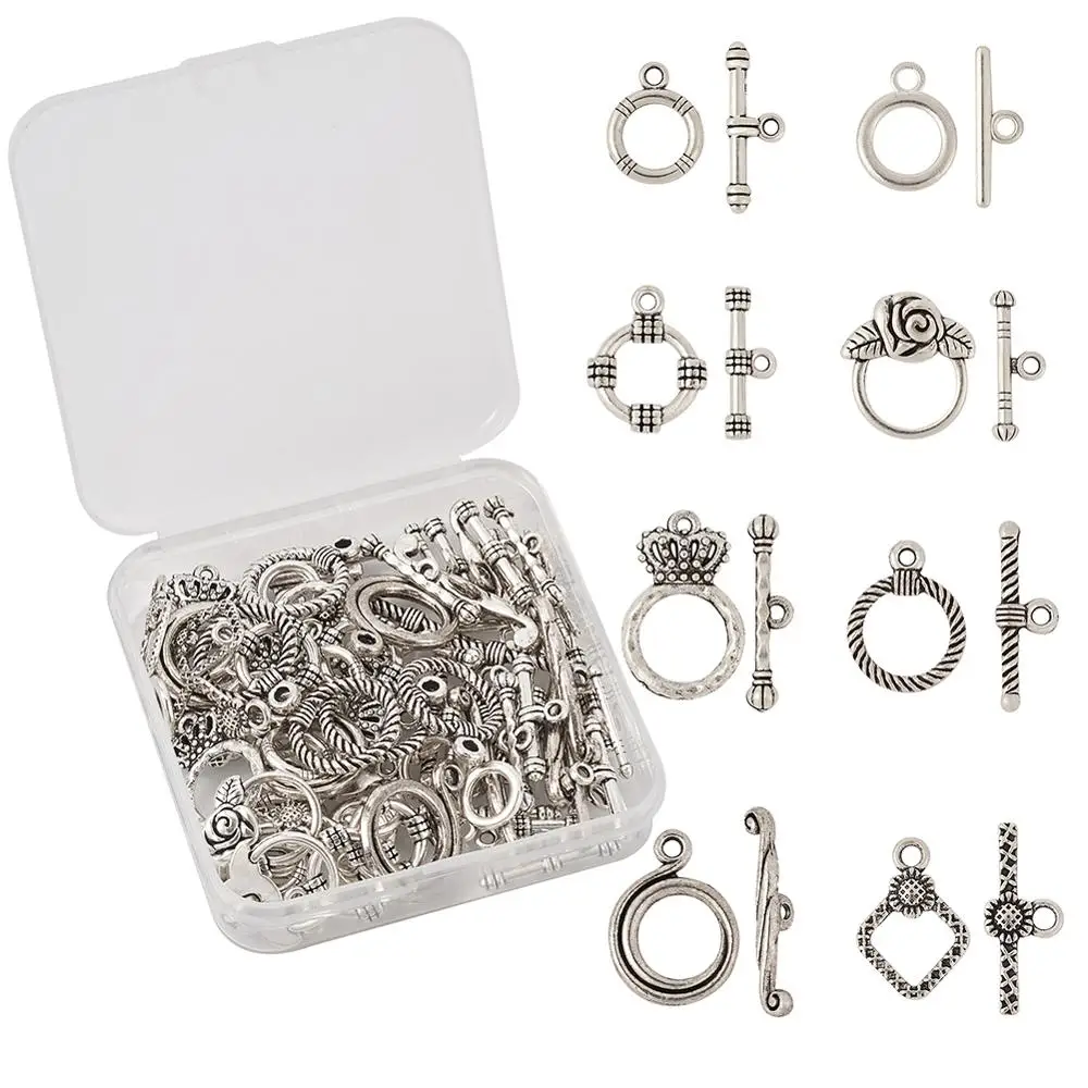 

40sets/box Tibetan Style Alloy Toggle Clasps for Jewelry Bracelet Making DIY Antique Silver Mixed Shapes 7.4x7.2x1.7cm
