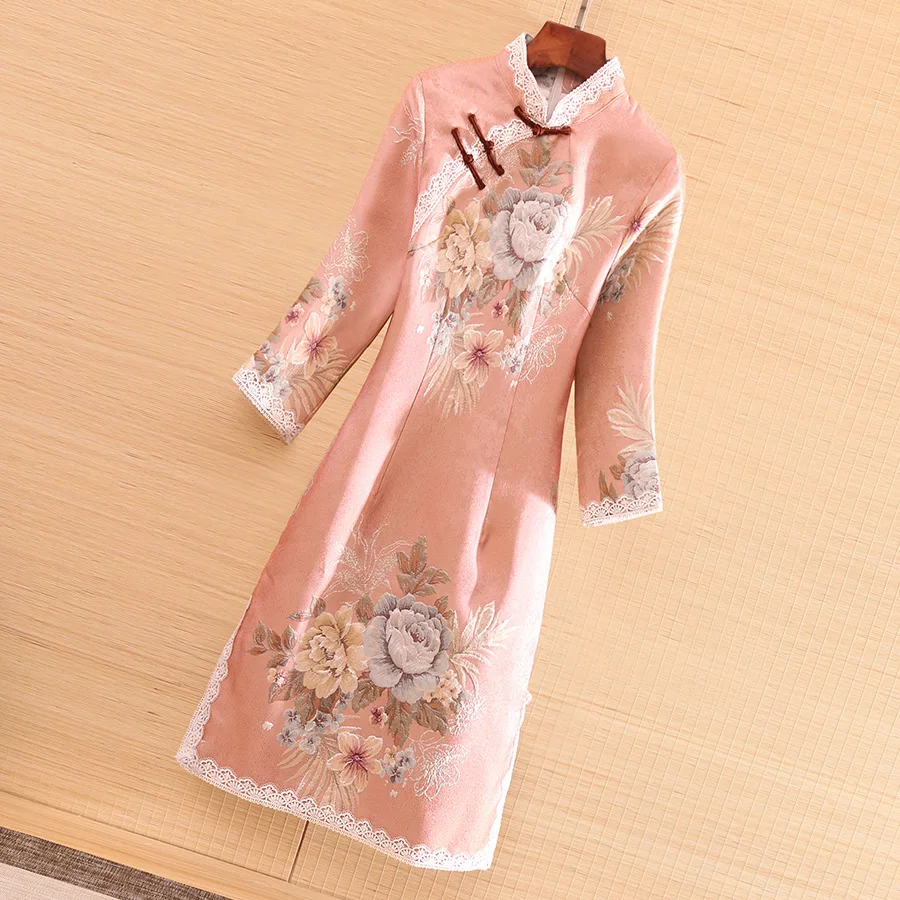 

Женское жаккардовое кружевное платье, элегантное облегающее вечернее платье средней длины в китайском стиле с цветочным рисунком, осень