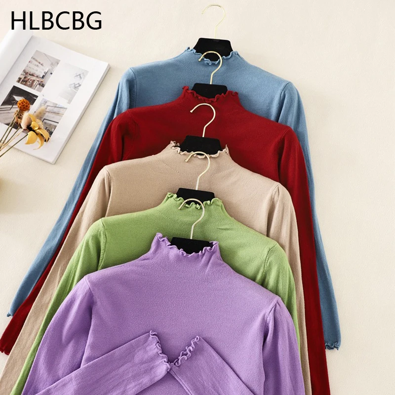 

HLBCBG Casual Mock Neck Spring Autumn Basic Slim Sweaters Pullovers Women Knit Jumper Female Casual Mock Neck Thin Sweaters 805
