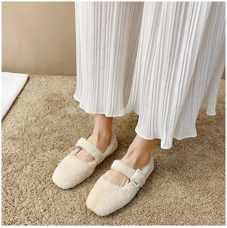 EOEODOIT Autumn Ballet Flats Shoes Casual Fur Shoes Square Toe Retro Fashion Women Lady Elegance Flat Heel Shoes