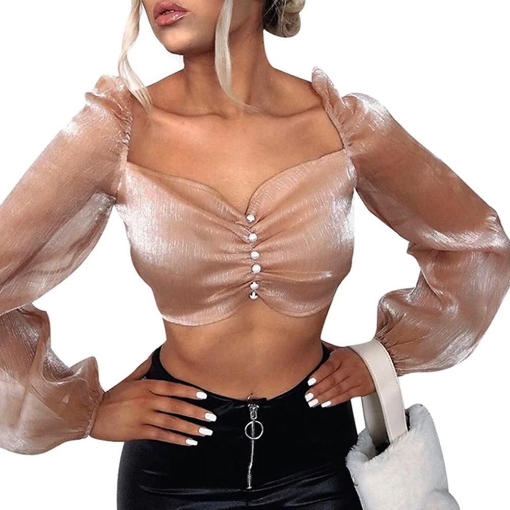 Hot Women Ruched Blouse Casual Mesh Square Collar Shirt Satin Long Sleeve Blouse Button Design Lantern Sleeve Smooth Crop Tops