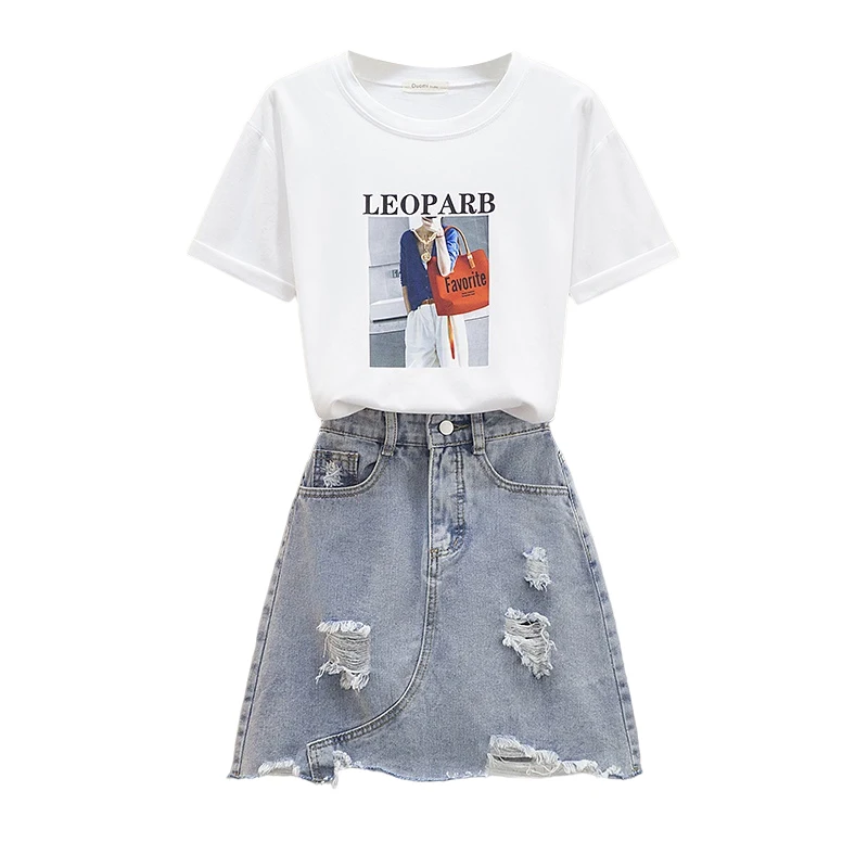 

Summer New Women's Casual Letter Print Short Sleeve Loose T-shirt Tops + Fashion Ripped Hole Denim Skirt Suits 2 Pec Set