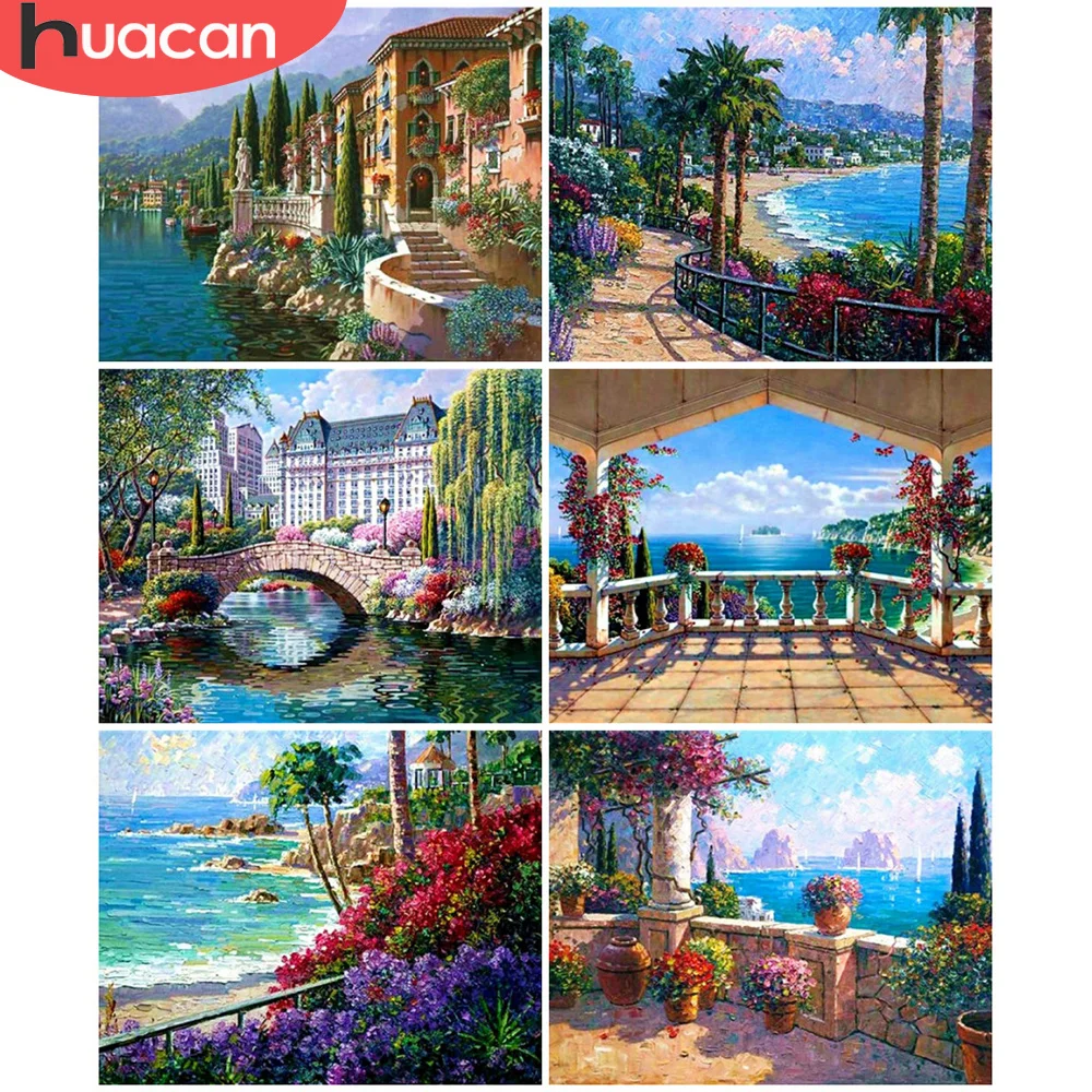 

HUACAN Oil Painting By Number Town Scenery Handpainted Unique Gift Coloring By Numbers Seaside For Adults Decoration 50x65cm