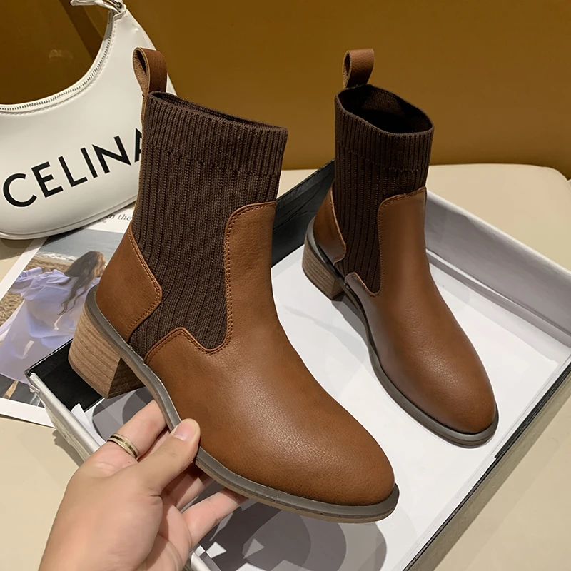 

Новинка, осенне-зимняя обувь, женские ботильоны на высоком каблуке, модные ботинки-стрейч без шнуровки, женская обувь на массивном каблуке, ...