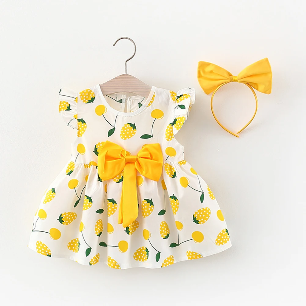 6M-3Y Little Baby Girls Dresses Cotton Skirt Cute 2pcs Outfits Ruffle Sleeves Fruit Polka Dot Print Dress And Headwear Clothing