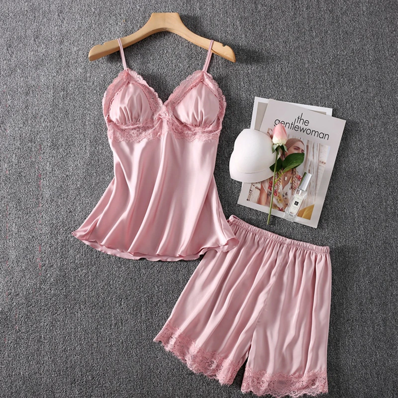 

Летние женские туфли со шнуровкой, одежда для сна, костюм для сна, с v-образным вырезом, топ на бретелях и Шорты пижамные наборы Lounge атласная Д...