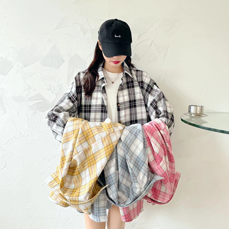 

Women's Blouse Plaid Polo Shirt New Loose Long Sleeve Casual Plus Size Girl's Top Summer Lady Oversized Blusas Houthion