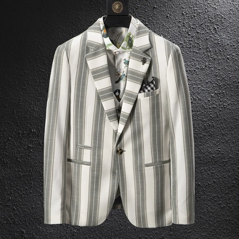 

Korean Fashion Blazer Men 2021 Bleazer For Men Spring New Striped Blazer Dress Suit Men's Coat Suit Wedding Dress Casual Suit