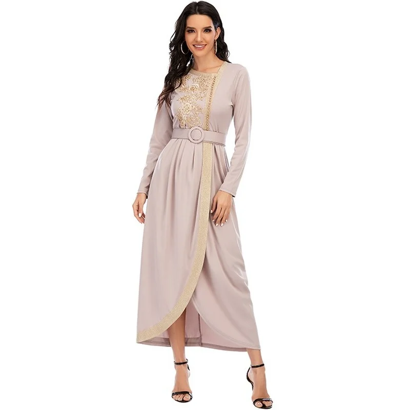 

Muslim Dress Middle East Ramadan Dubai Abaya Turkey Muslim Fashion Robes New Embroidery Beaded Slim Long Dress Belt Donsignet