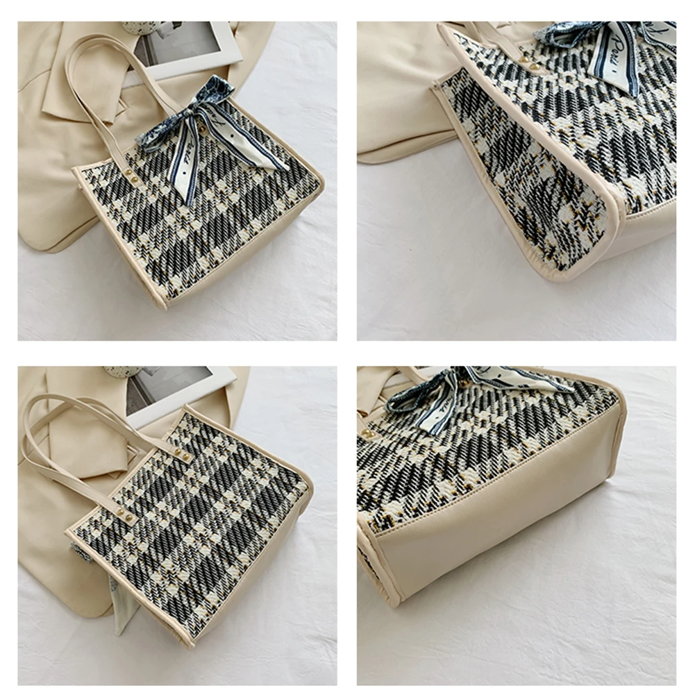 

Popualr Ladies Woolen Cloth Tote Bag Winter Small Zipper Women Travel Handbags Plaid Pattern Printing Handbags